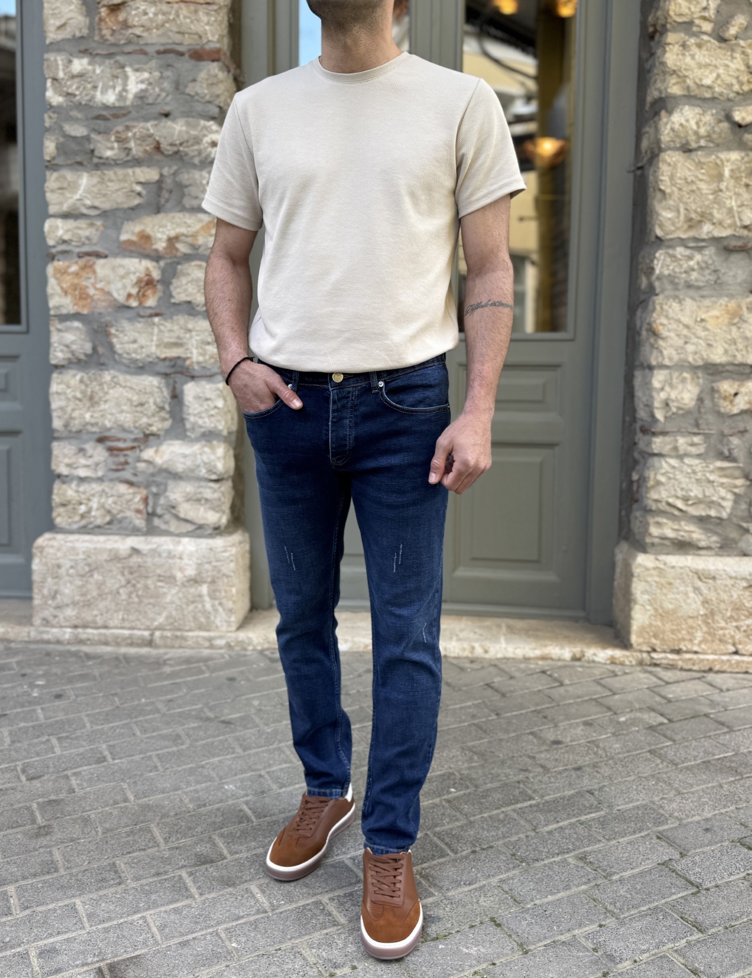 Ανδρικό μπλε τζιν παντελόνι με φθορές Slim Fit 51092 φωτογραφία